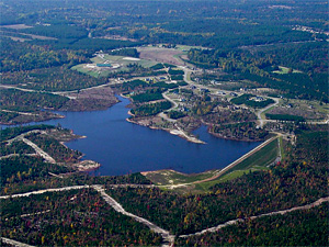 An aerial view overlooking the beautiful lake "Troy Dougla" at McLendon Hills